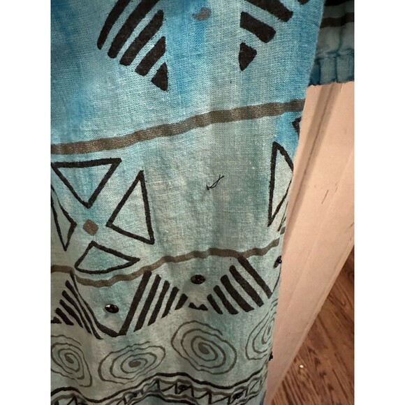 Vintage 60s 70s Ramona Rull‎ 100% Cotton Western Teal Boho Maxi Dress Kaftan 1X - Picture 9 of 11